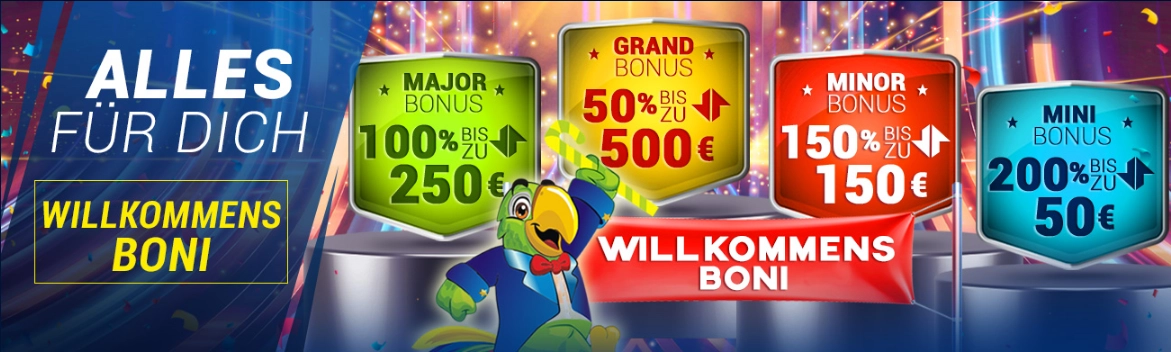 Willkommensboni Mini, Minor, Major und Grand bei Spassino